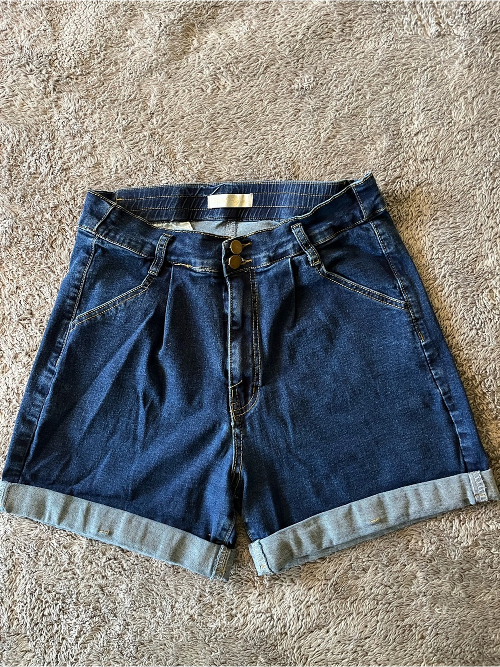 High-Rise Dark Blue Cuffed Denim Shorts for Women
